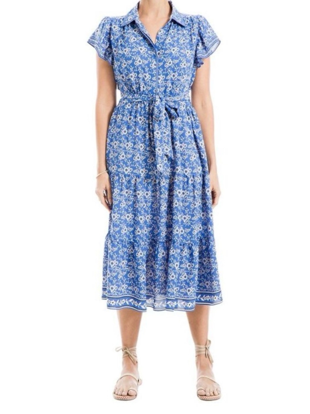 Max Studio Blue Floral Short-Sleeve Midi Dress with Tie Waist